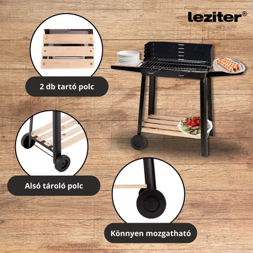 Téglalap alakú görgős faszenes grill
