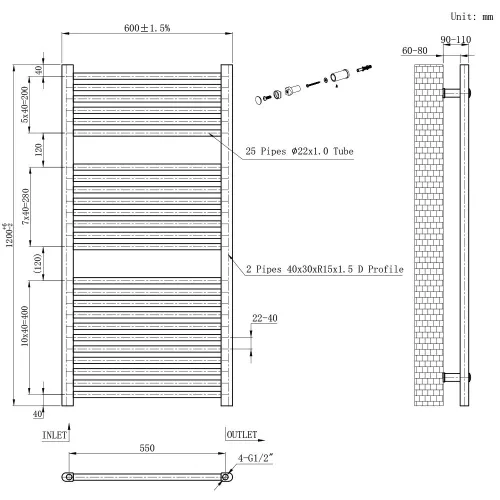 Egyenes törölközőszárító radiátor 1200x600 mm fekete