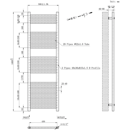 Egyenes törölközőszárító radiátor 1600x500 mm fekete